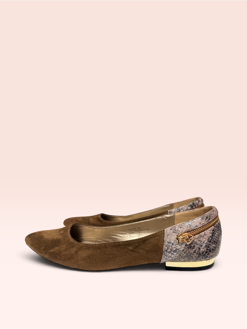 Brown Suede Pointed Toe Ballet Flats with Snake-Print Accent